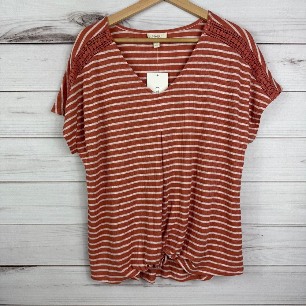 COMO BLU Women's Stripped V Neck Blouse Orange Size Large NEW